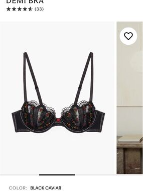 Savage X Fenty Black Caviar Lace Demi Bra with Red & Green Floral Embroidery